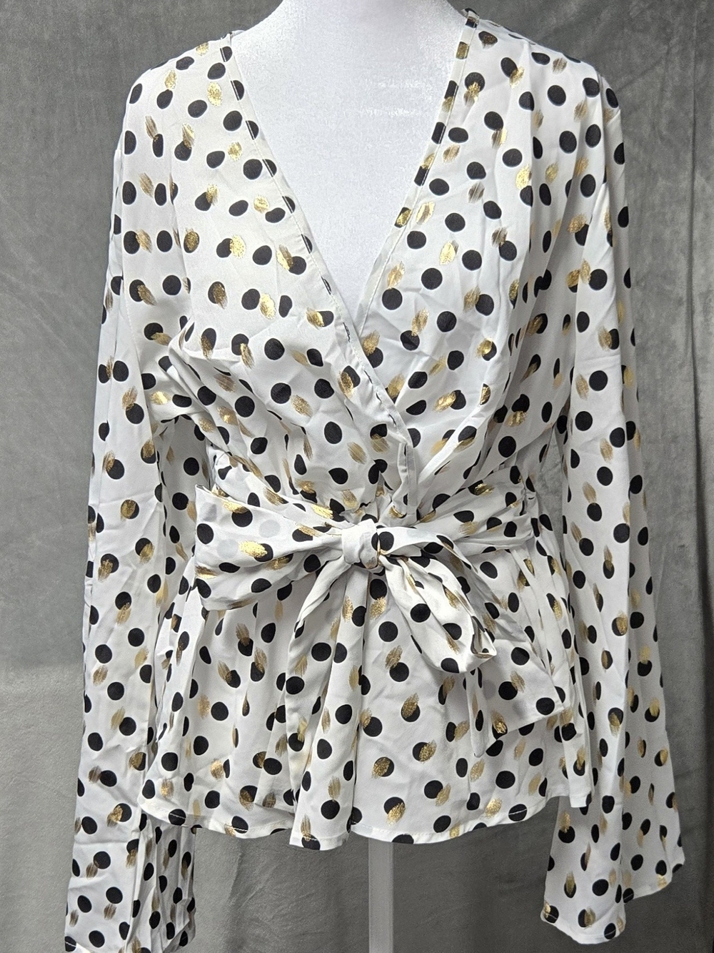 SHEIN White Polka Dot Wrap Blouse with Gold Accents